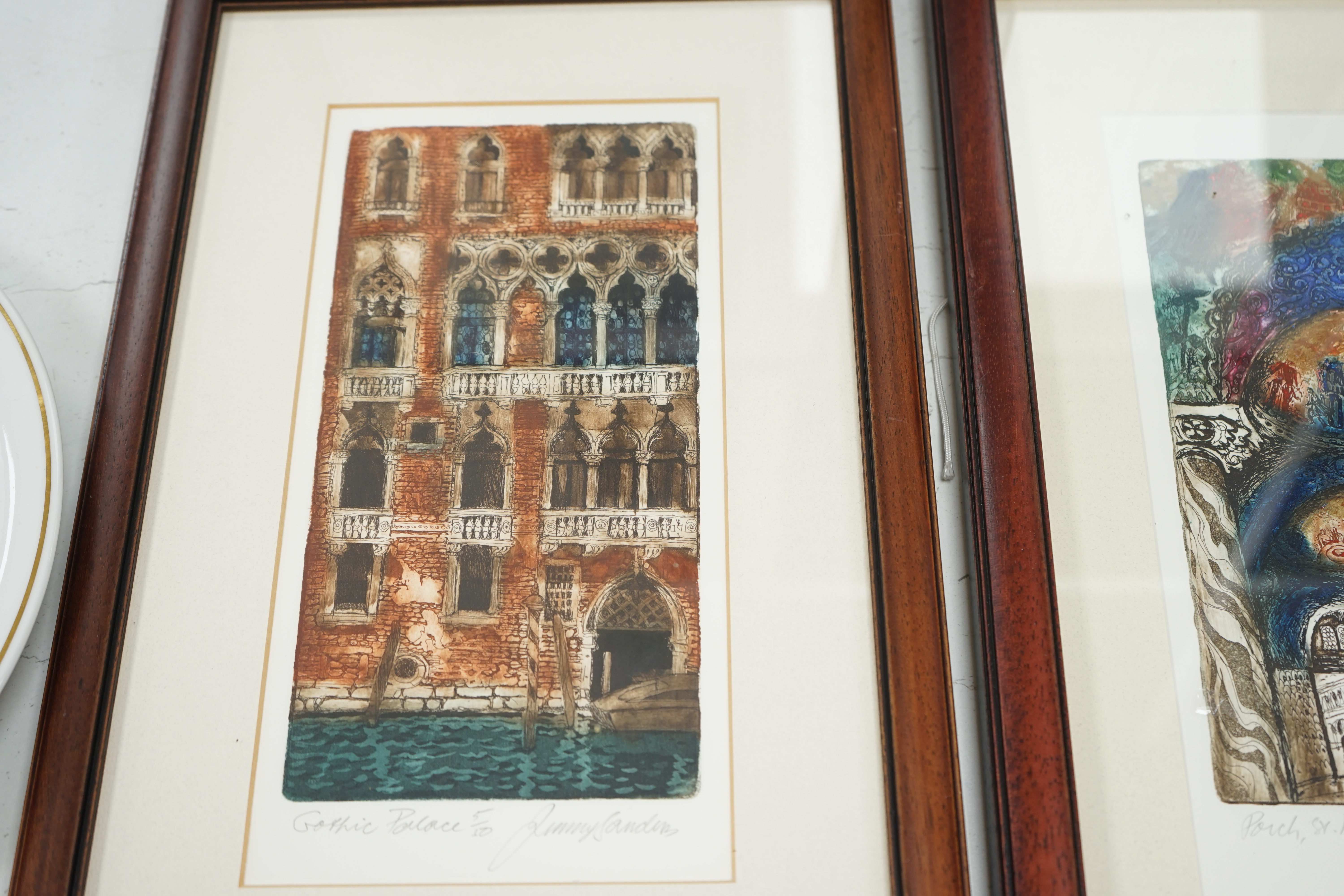 Jenny Sanders, four colour etchings, Venetian scenes including ‘St. Mark's, Venice’ and ‘Castello Sestiere’, each pencil signed and limited edition, largest 31 x 16cm. Condition - good